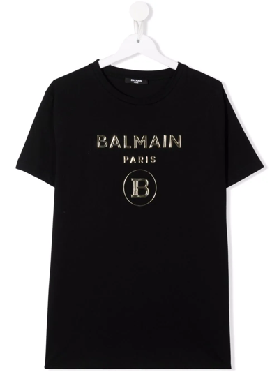 Balmain Black Teen T-shirt With White Print In Nero