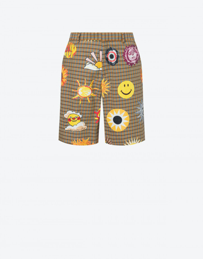 Moschino Allover Sun Smiley® Print Check Cotton Bermuda Shorts In Brown