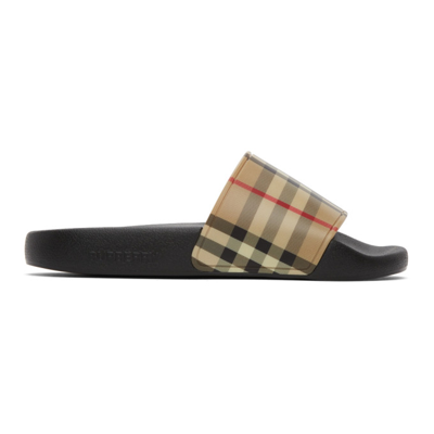 Burberry Check Slide Flat Open Toe Slippers In Black
