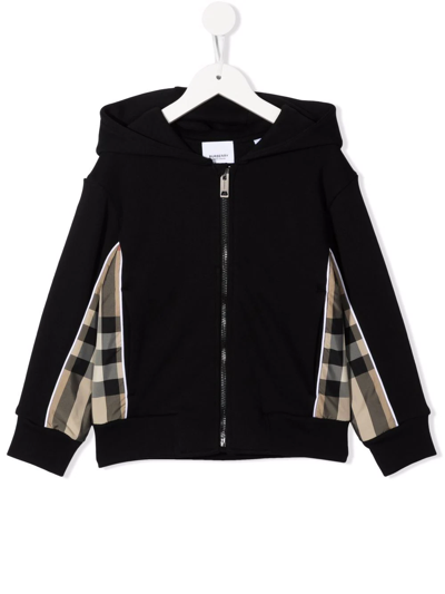 Burberry Teen Check Panel Zipped Hoodie In Black