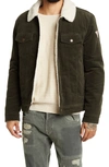 Guess Faux Shearling Lined Corduroy Shirt Jacket In Olive
