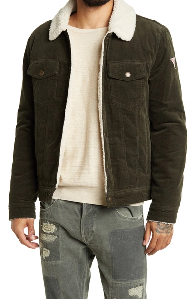 Guess Faux Shearling Lined Corduroy Shirt Jacket In Olive