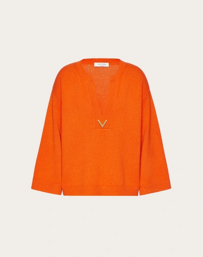 Valentino V Logo Notched Cashmere Sweater In Orange