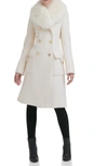 Guess Removable Faux Fur Collar Wool Blend Double Breasted Walker Coat In Ivory