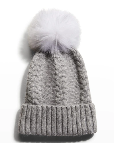 Gorski Knit Beanie W/ Fox Fur Pompom In Light Gray / Wht