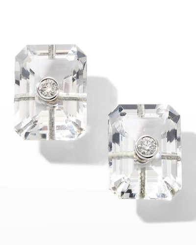 Prince Dimitri Jewelry 18k White Gold Emerald-cut Rock Crystals And 2 Round Diamond Earrings