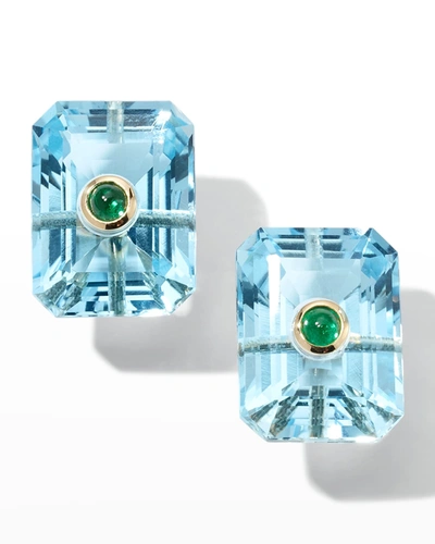 Prince Dimitri Jewelry 18k Yellow Gold Emerald-cut 2 Sky Blue Topaz And 2 Round Cabochon Emerald Earrings