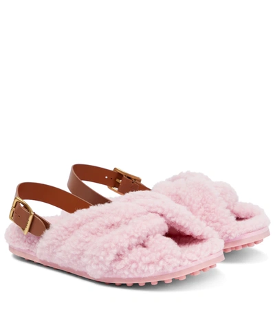Tod's Slingback Shearling Sandals In Pink