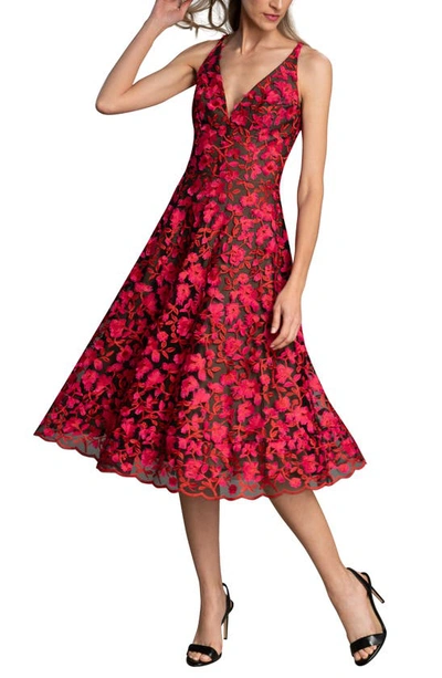 Dress The Population Elisa Embroidered Fit & Flare Midi Dress In Red