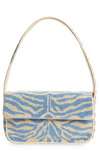 Staud Tommy Leather-trimmed Beaded Satin Shoulder Bag In Blue,white