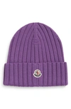 Moncler Logo Patch Rib Wool Beanie In Purple