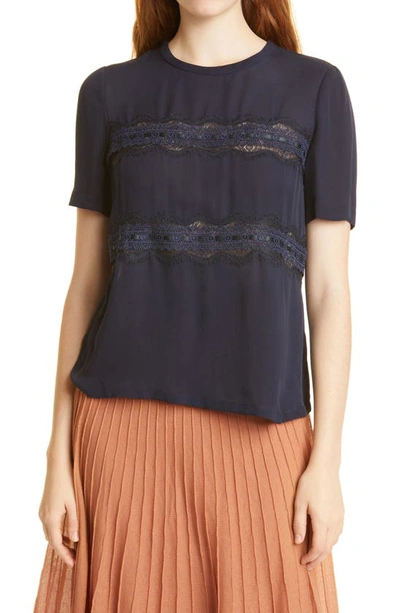 Rebecca Taylor Lace Stripe Silk Top In Dark Navy