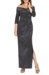 Adrianna Papell Off The Shoulder Metallic Stretch Jersey Gown In Black/ Gunmetal