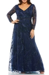 Mac Duggal Illusion Long Sleeve Gown In Midnight