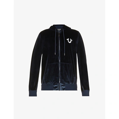 True Religion Logo-embroidered Zip-up Stretch-velour Hoody In Night Sky