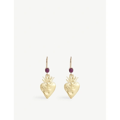 A South London Makers Market Exclusive Musée Roo Burning Heart 18ct Yellow Gold-plated Brass And Ruby Drop Earrings In Roo Red