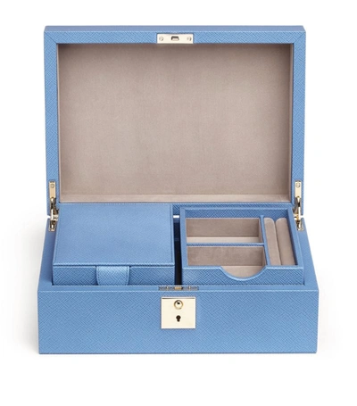 Smythson Leather Panama Jewellery Box In Blue