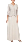 Alex Evenings Petite Lace-bodice Ruffled Gown In Taupe