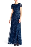 ADRIANNA PAPELL SHORT SLEEVE SEQUIN MESH GOWN,091874600