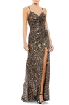 Mac Duggal Ieena Sequined Wrap Gown In Bronze