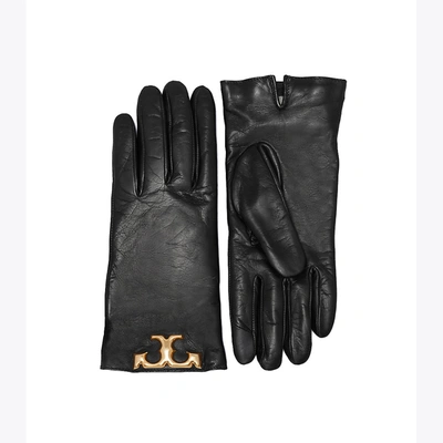 Tory Burch Eleanor Logo Lambskin Leather Gloves In 001 Black