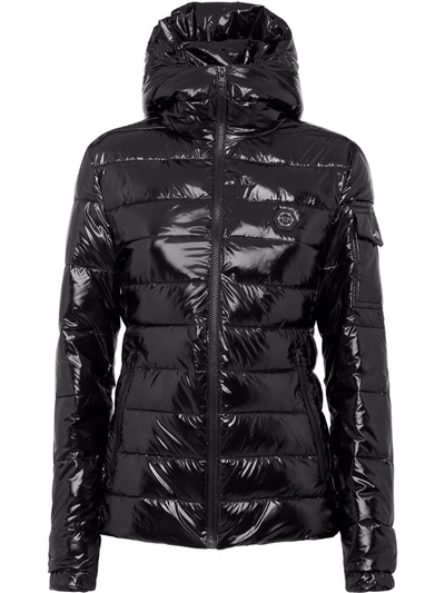 Philipp Plein High-shine Hooded Down Jacket In Black