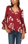 Vince Camuto Petite Flutter Sleeve Floral Whisps V- Neck Tunic In Earth Red