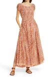 Free People Ultraviolet Floral Print Smocked Midi Dress In Orange