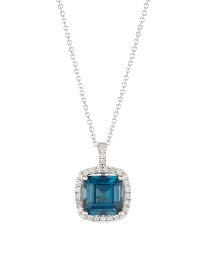 Saks Fifth Avenue Women's 14k White Gold, London Blue Topaz & 0.35 Tcw Diamond Cushion Pendant Necklace