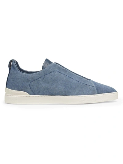 Zegna Triple Stitch Leather-trimmed Canvas Sneakers In Blue