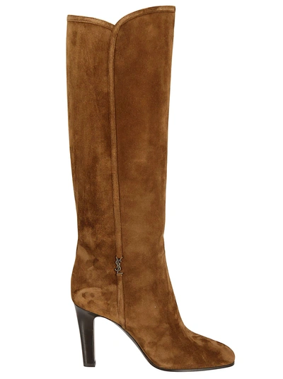 Saint Laurent Jane Suede Heeled Knee-high Boots In Dark Land