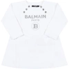 BALMAIN WHITE DRESS FOR BABY GIRL WITH SILVER LOGO,6Q1860 F0015 100AG