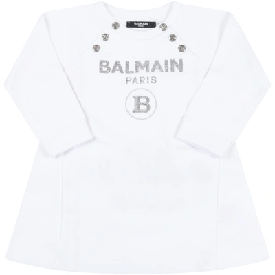 Balmain White Dress For Baby Girl With Silver Logo