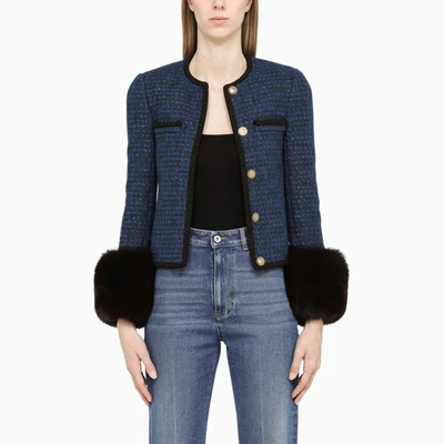 Saint Laurent Blue Tweed Jacket With Faux Fur Cuffs In Blue,black