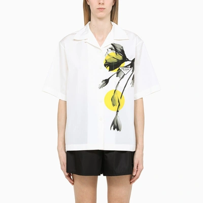 Prada White Short-sleeved Shirt With Floral Print In Bianco