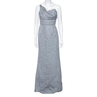 Pre-owned Roland Mouret Silver Silk Knit One- Shoulder Maxi Dress M In Metallic