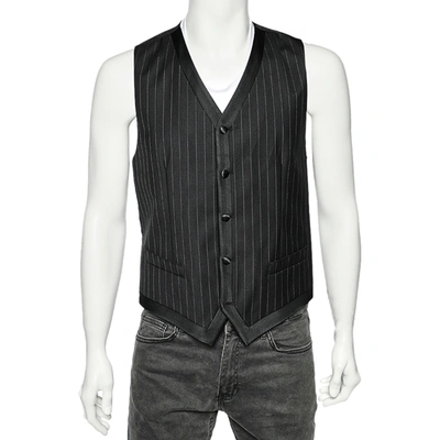 Pre-owned Dolce & Gabbana Black Striped Wool Satin Trim Waistcoat M