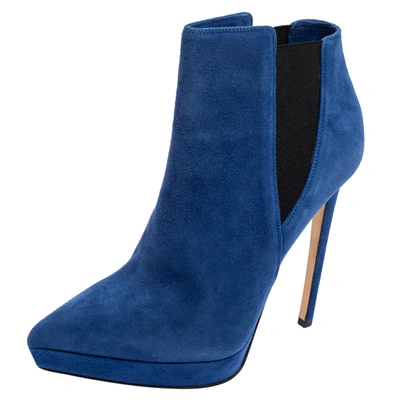 Pre-owned Le Silla Blue/black Suede Elastic Band Ankle Boots Size 38