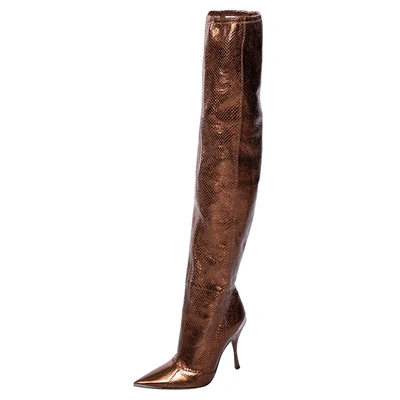Pre-owned Dolce & Gabbana Metallic Gold-brown Snakeskin Leather Pointed Boots Size 36