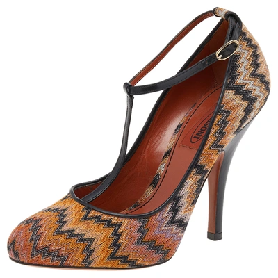 Pre-owned Missoni Black/orange Fabric And Leather Ankle T-strap Pumps Size 37.5
