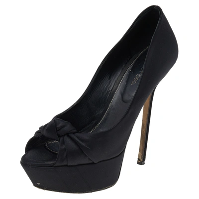 Pre-owned Sergio Rossi Black Satin Knotted Peep Toe Platform Pumps Size 38