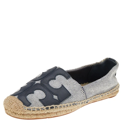 Pre-owned Tory Burch Black/white Canvas And Leather Logo Lonnie Espadrilles Flats Size 37