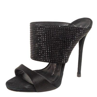 Pre-owned Giuseppe Zanotti Black Satin And Crystal Embellished Suede Open Toe Sandals Size 36