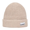 Ganni Logo-patch Ribbed-knit Beanie In Brazilian Sand