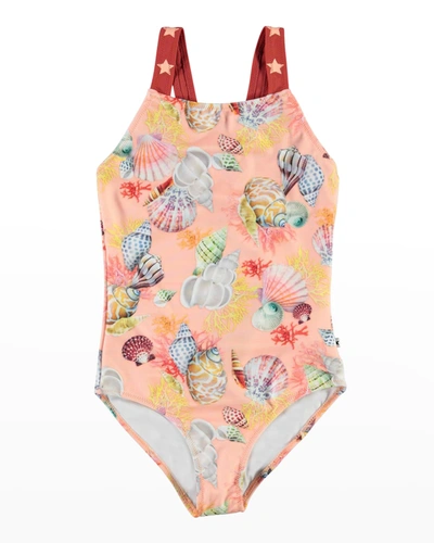 Molo Kids' Girl's Nakia Printed Star Strap One-piece Swimsuit In Pink