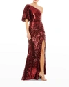Mac Duggal Sequin One-shoulder Column Gown In Burgundy