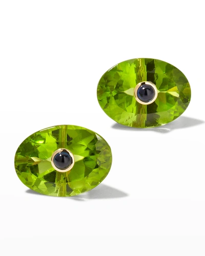 Prince Dimitri Jewelry 18k Yellow Gold Oval Peridot And Cabochon Blue Sapphire Earrings