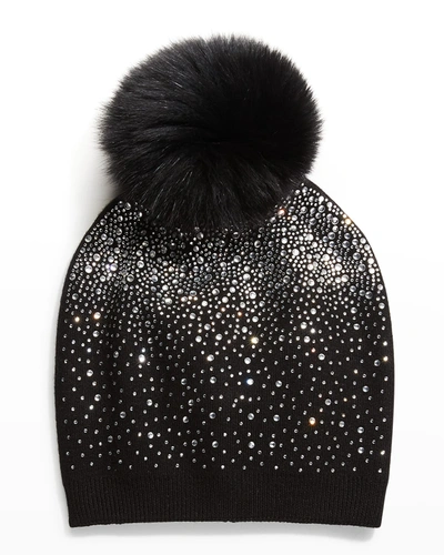 Adrienne Landau Glitter Knit Beanie W/ Fur Pompom In Black