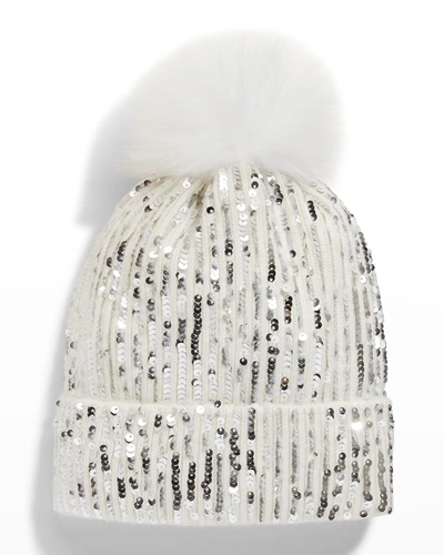 Adrienne Landau Sequin Knit Beanie W/ Fur Pompom In Cream