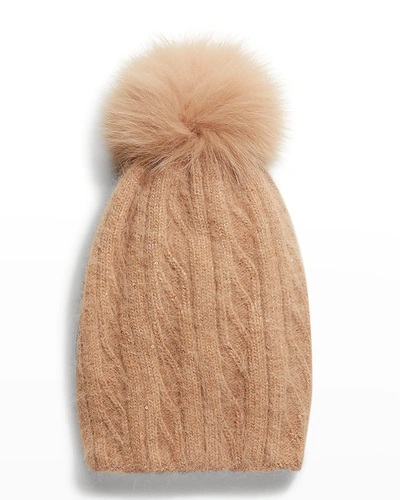 Adrienne Landau Knit Wool Beanie W/ Faux Fur Pom In Beige
